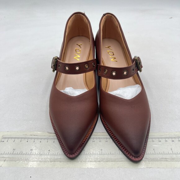 YDN Brown Ankle Strap Pumps Pointed Closed Toe Mary Jane Chunky Mid Heels Loafer - Picture 3 of 8